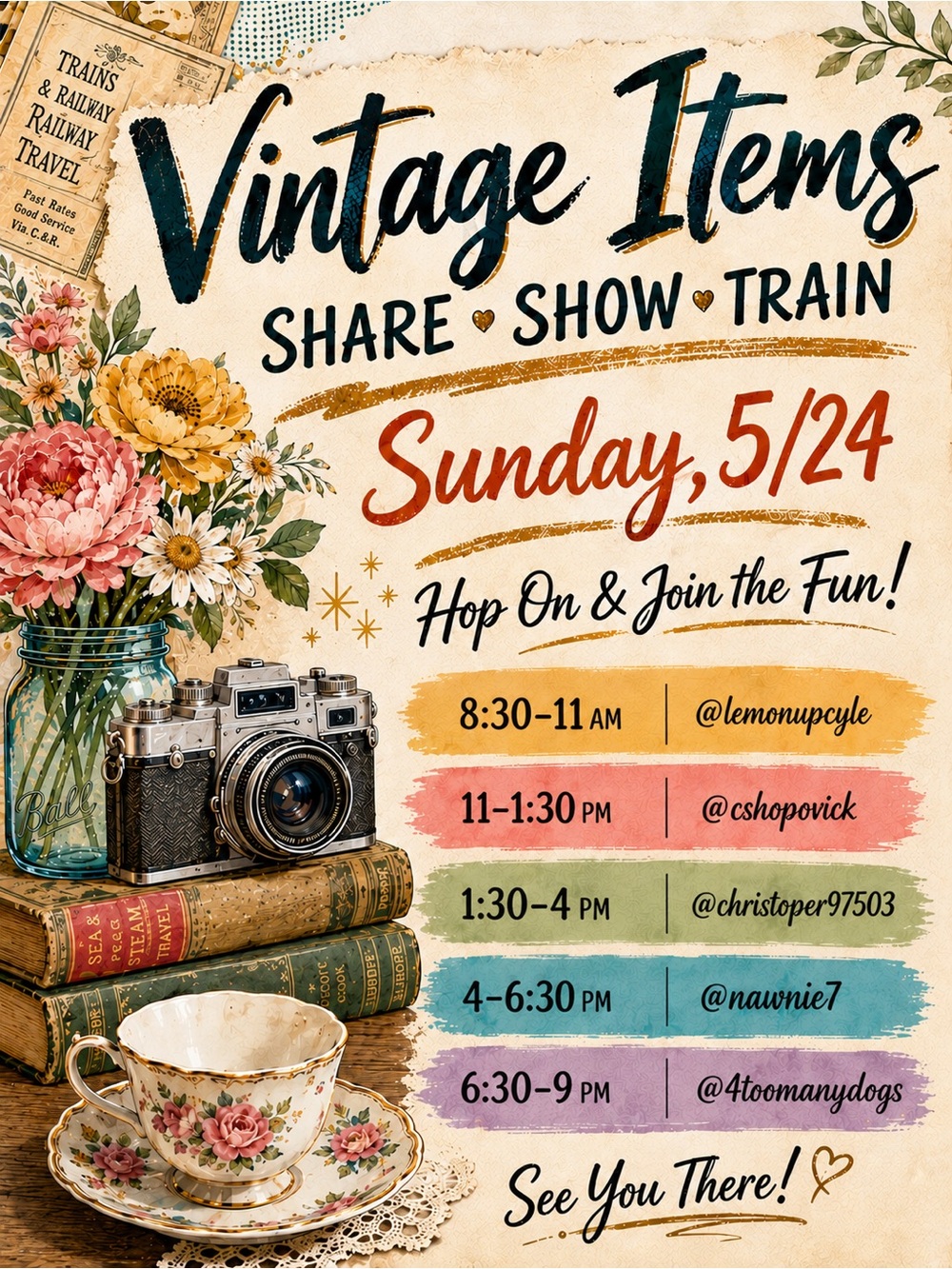 Carolyn’s VINTAGE SHARE SHOW TRAIN!! 🚂 
@cshopovick Sun 5/24 11-1:30am EST